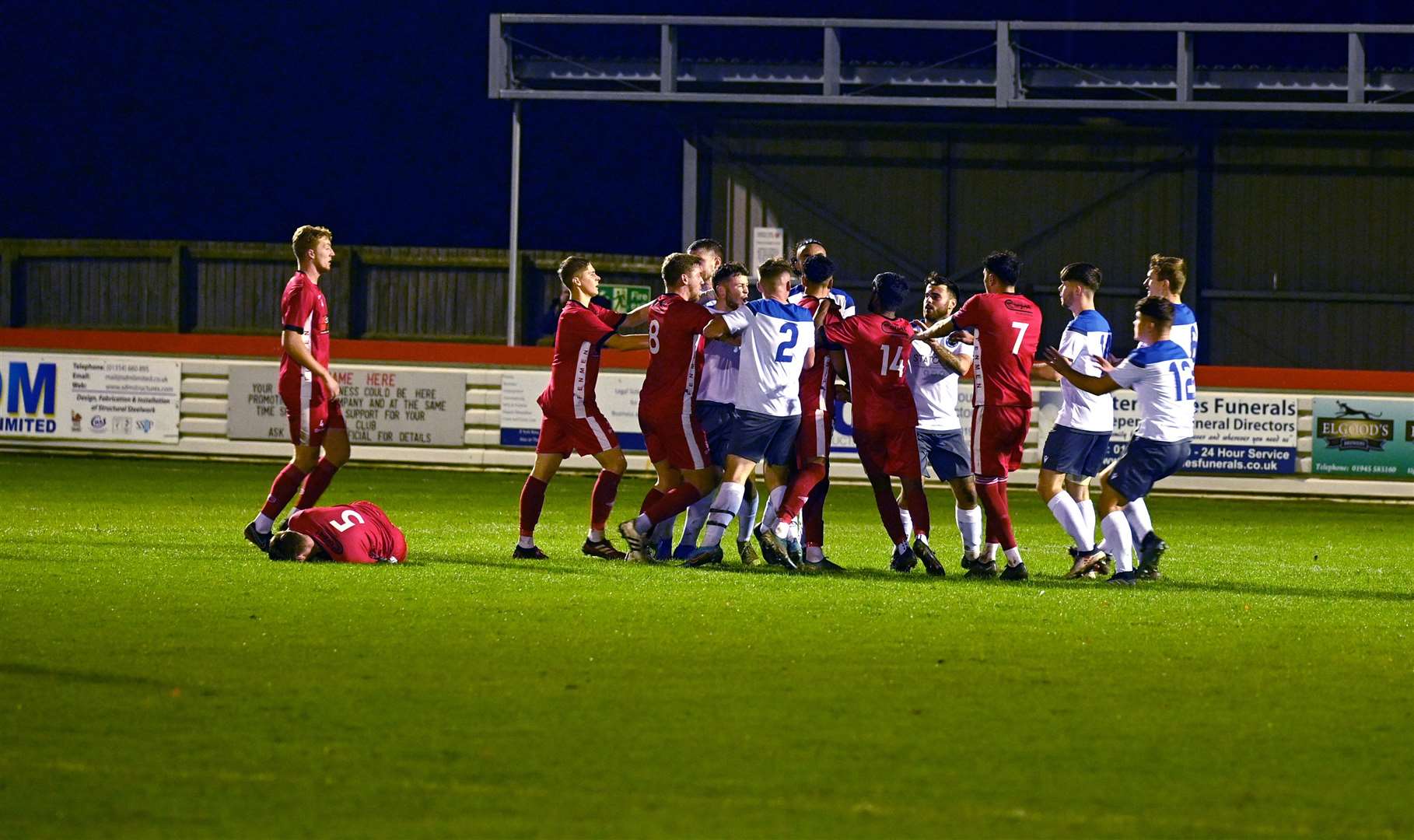 A melee after a tackle which saw Sherwood player Lewis Belgrave sent off