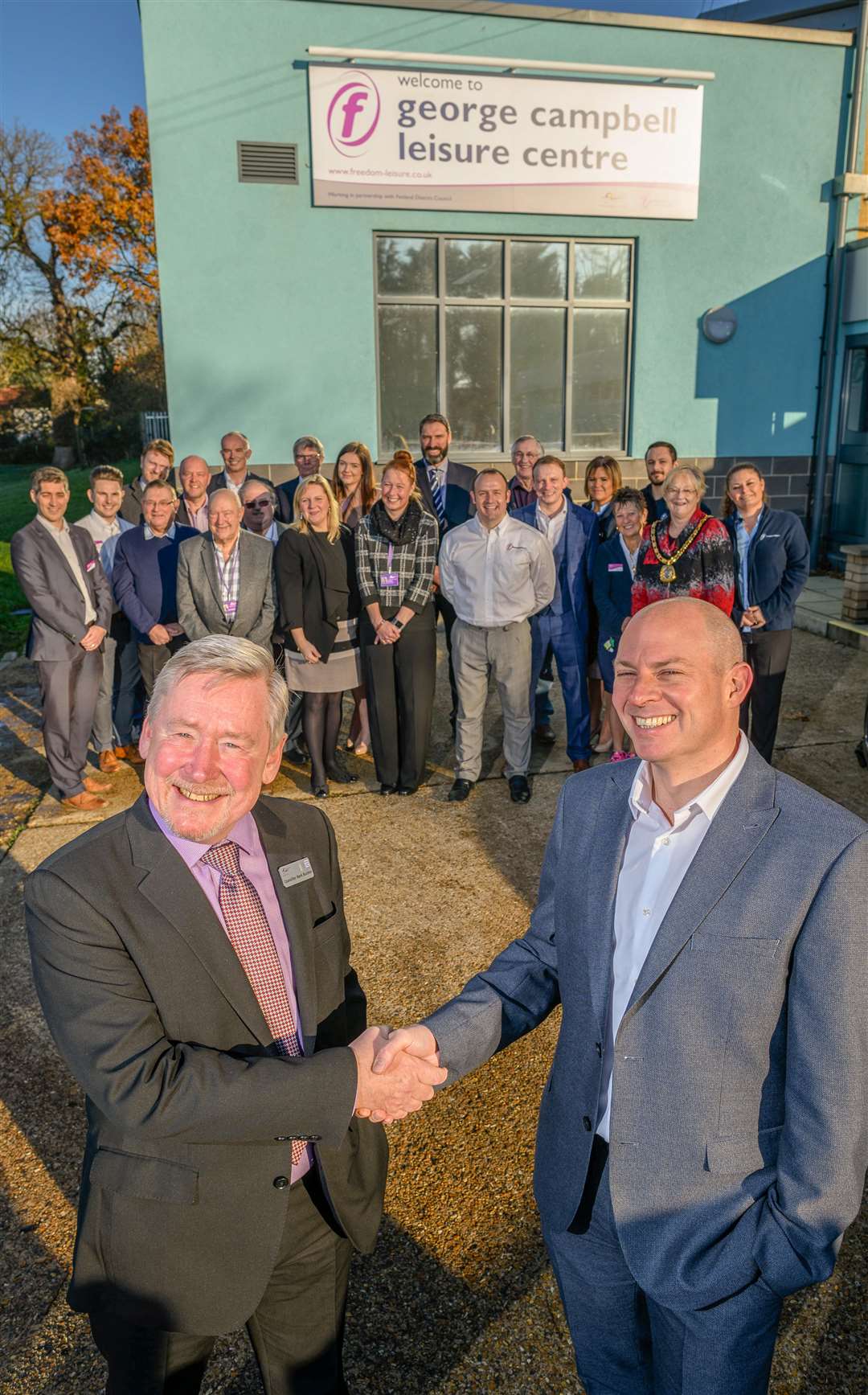 Freedom Leisure Operations Director Matt Hunt with Cllr Mark Buckton and the Freedom Leisure and centre team behind. (5821506)