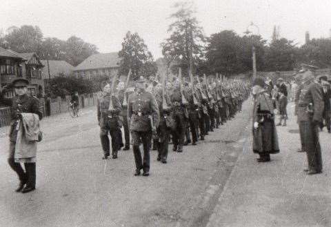 Men of the Cambridgeshire Regiment to which Sapper Pentelow's RE Company was attached marching through Wisbech before departing on manoevres in 1941. Photo: Pentelow family/Wisbech Museum. (55400818)