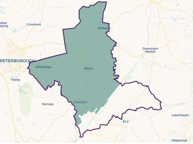 The green area is the new-look North East Cambs constituency while the purple line denotes the former boundary. Photo: Boundary Commission.