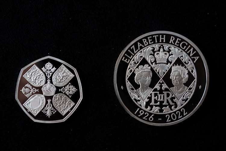 A 50 pence and £5 Crown commemorating the life and legacy of Queen Elizabeth II (Aaron Chown/PA) (59679038)