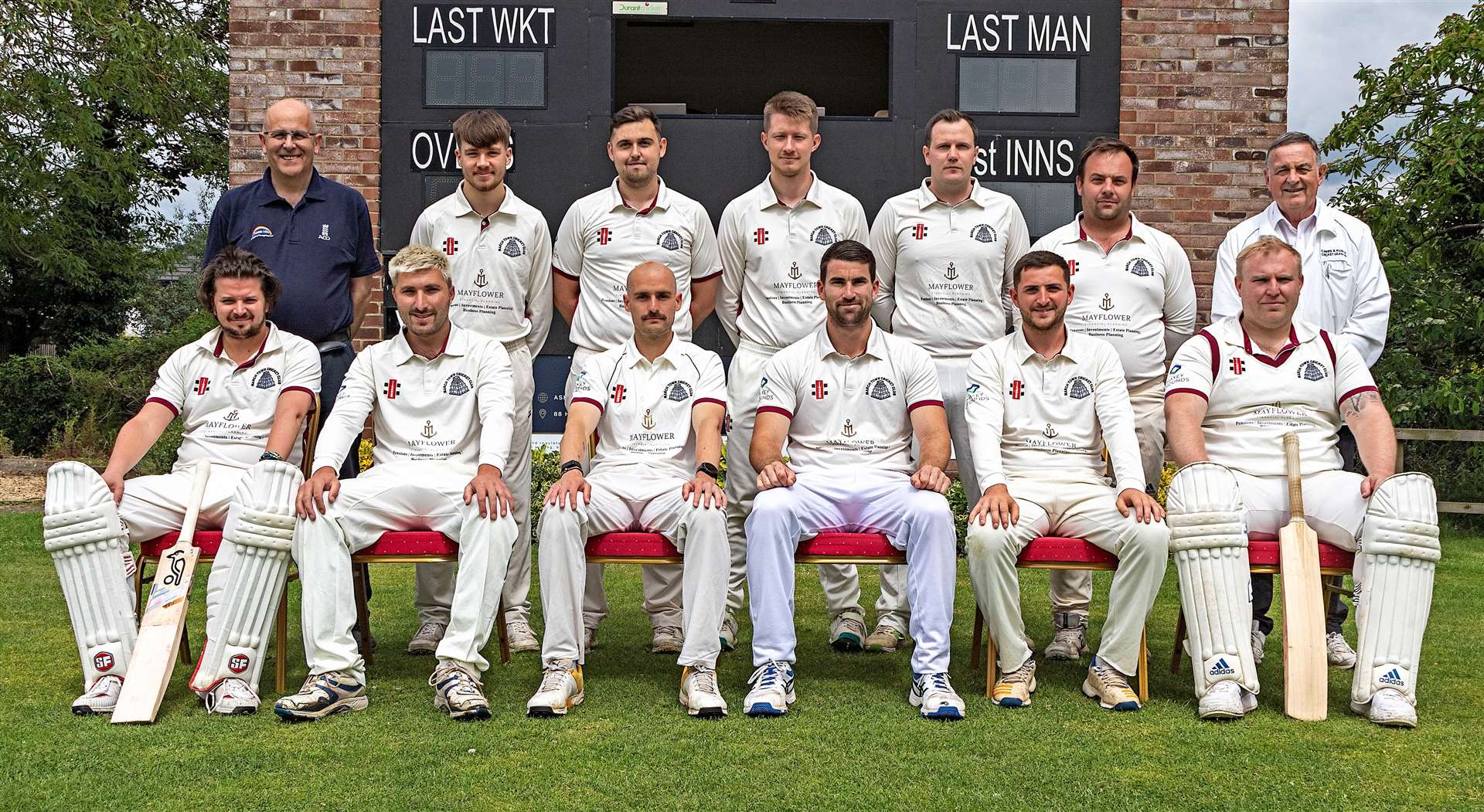 March Town Cricket Club's first XI face the camera, from left (back) Ian Liversedge (scorer), Kai Pooley, Toby Nulty, Sam Clarke, Lewis Welcher, Ben Pyle and Les Mills (umpire), (front) Tommy Howgego, Brandon Phillips, captain Callum Young, Josh Fisher, Adam Conyard and James Hilliard