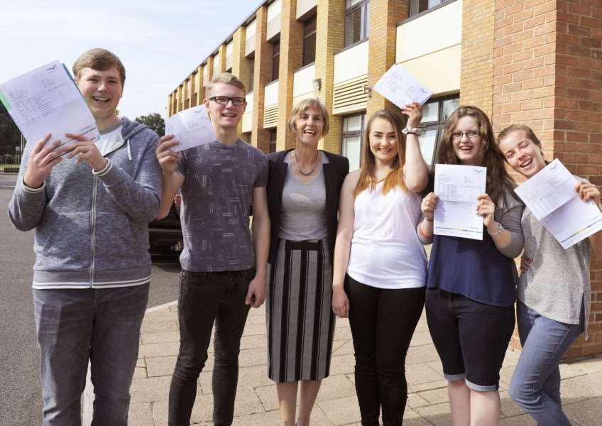 Thomas Clarkson Community College Wisbech A level students collect results'LtoR, Jack Fowler, George Jones, Clare Claxton (Principal), Abbie Murray, Ellie-May Cullen, Keeley Morris ANL-160818-134406009