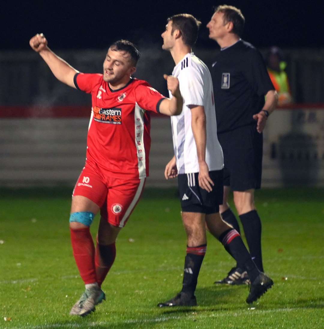 Wisbech v West Wratting. Joe Reed celebrating his goal for Wisbech
