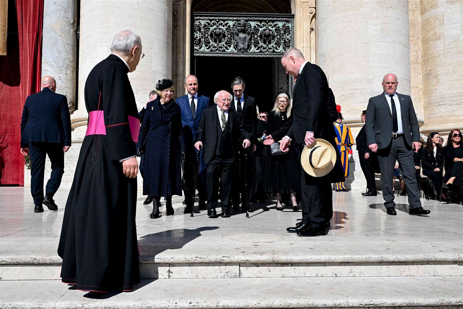 President Michael D Higgins, his wife Sabina, Taoiseach Micheal Martin and Tanaiste Simon Harris attend the funeral of Pope Francis (Simone Risoluti/Maxwells)