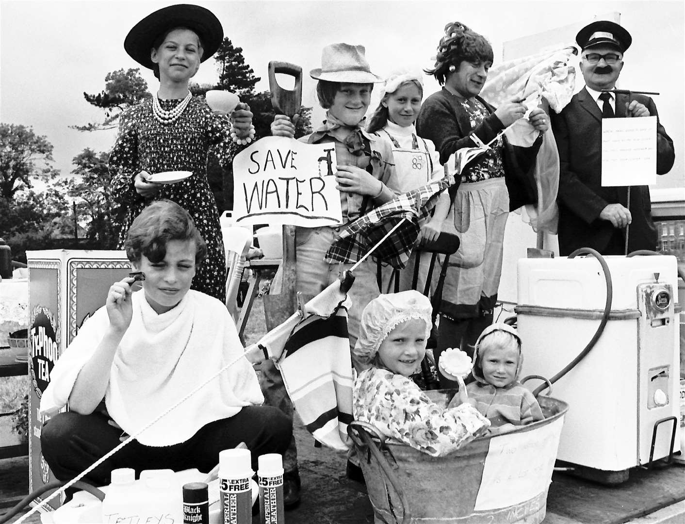 A plea to save water was the theme of this carnival float in Snettisham, Norfolk in early August, 1976