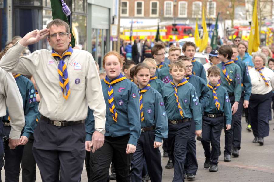 Local beavers and scouts parading from Somers rd car park to St Peter's Church as part of St George's day celebrations.