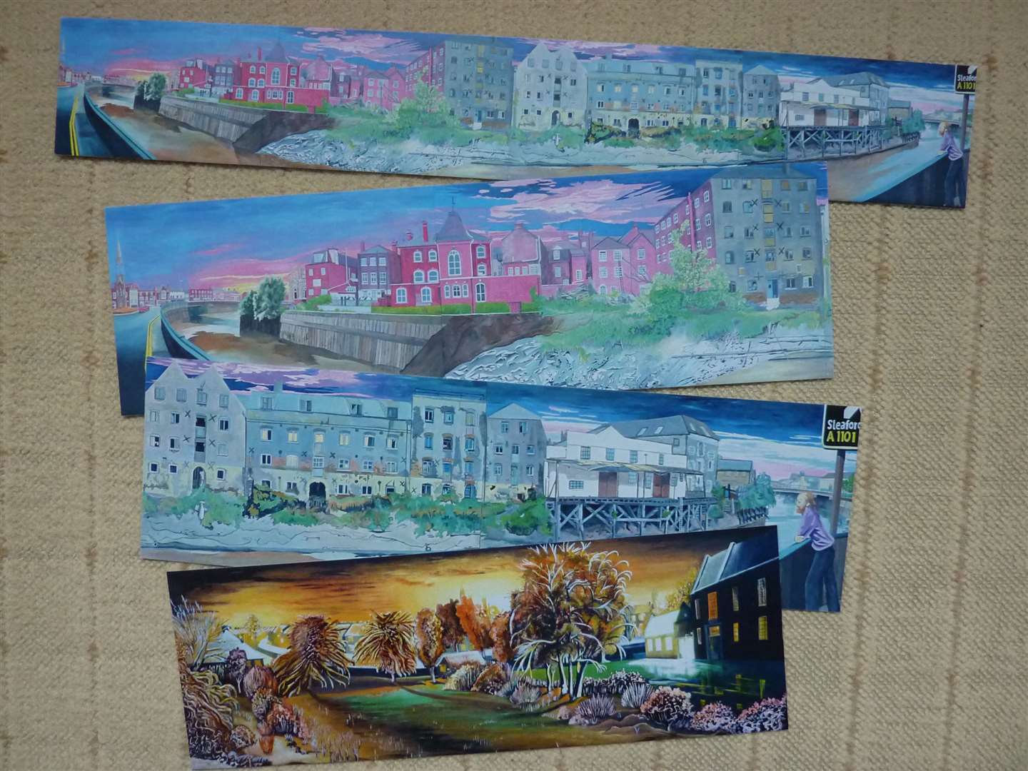 Three extra-long postcards featuring Wisbech warehouses: Before the Flood, and Queens GirlsSchool Garden.