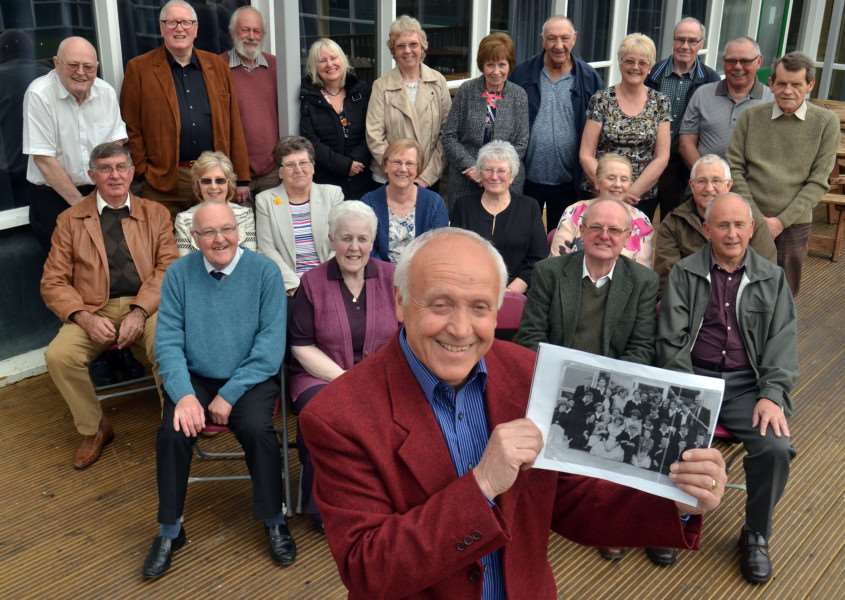 PEELE MEMORIES: Dennis Woods with the Upper Five Class of 1960 from what was then The Peele School, Long Sutton, who met for a reunion at what is now Peele Community College. Photo by Tim Wilson.