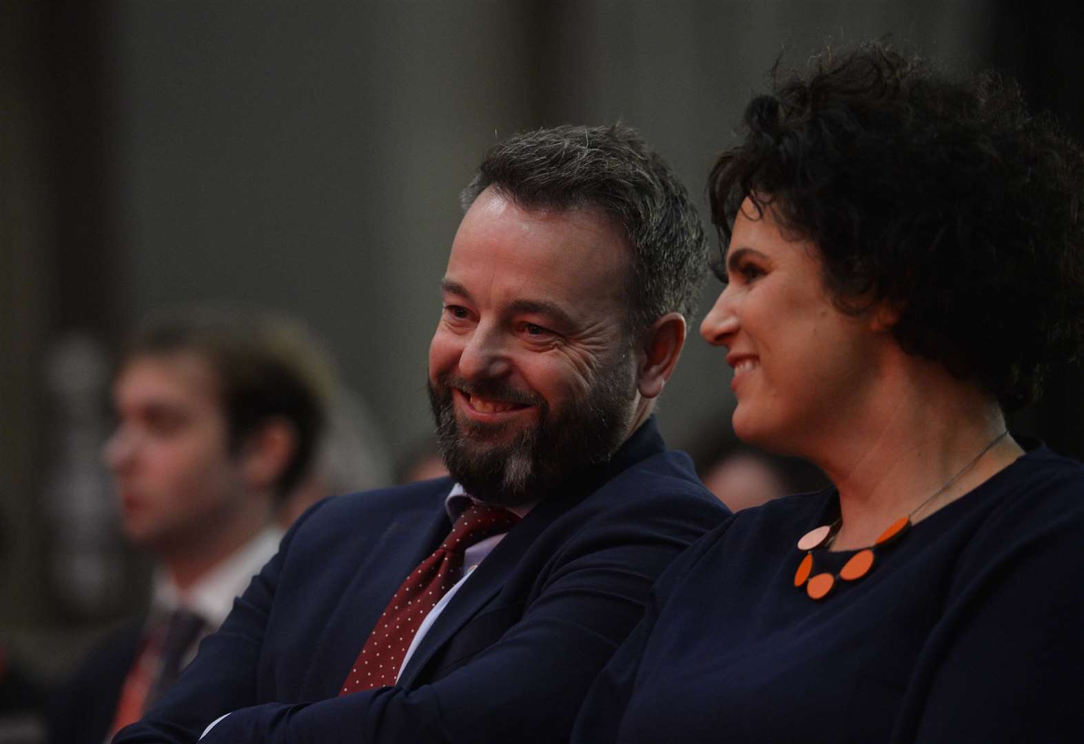 Colum Eastwood and Claire Hanna, before speaking in her first speech as party leader, during the Social Democrat and Labour Party (SDLP) annual conference at the Crowne Plaza Hotel in Belfast (Mark Marlow/PA)