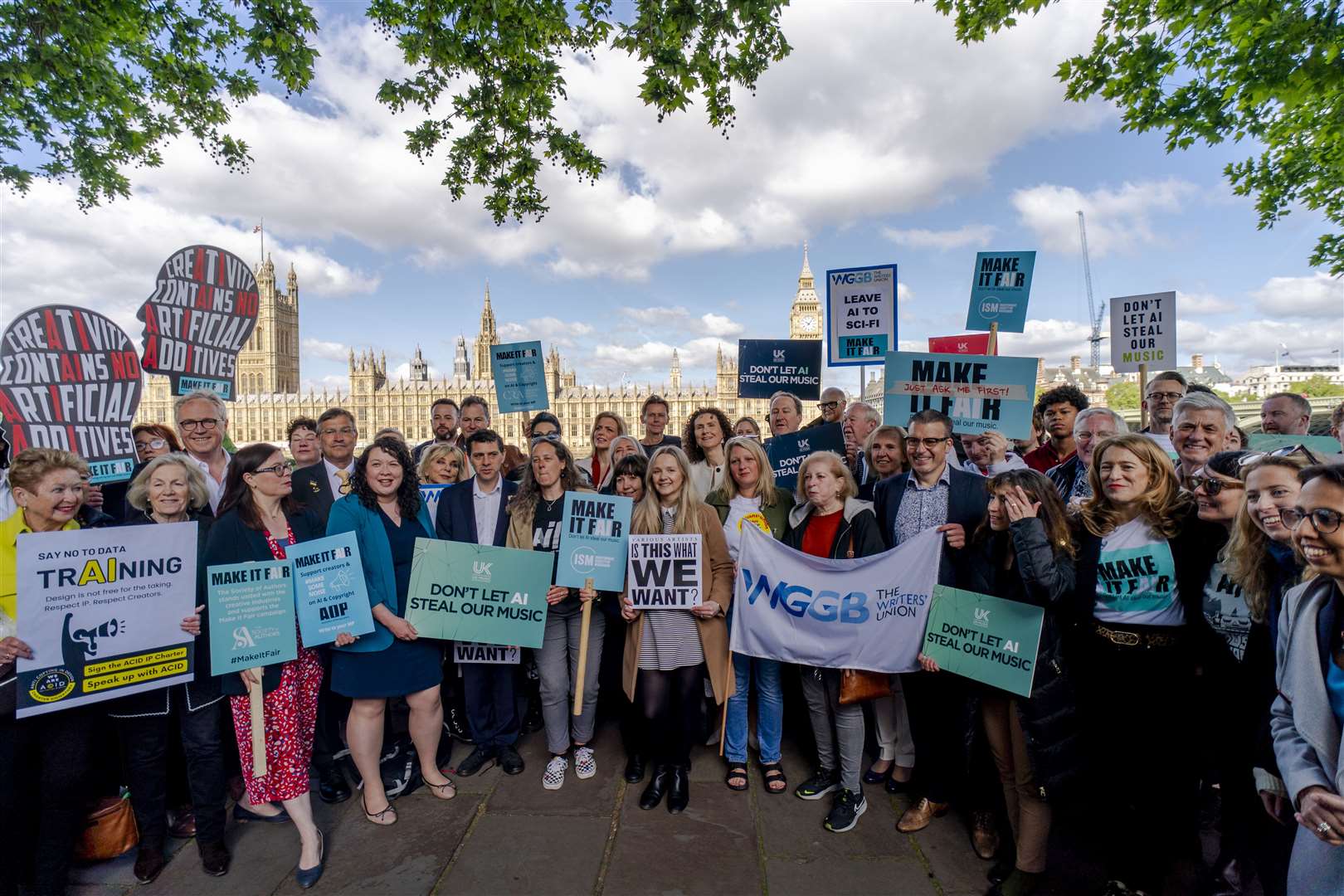 Music creators and politicians take part in a protest calling on the Government to ditch plans to allow AI tech firms to use their work without payment or permission (Jordan Pettitt/PA)