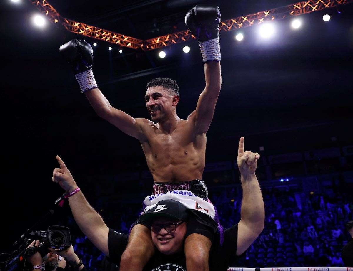 Jordan Gill celebrates in front of the Belfast crowd. Picture: Mark Robinson (Matchroom Boxing)