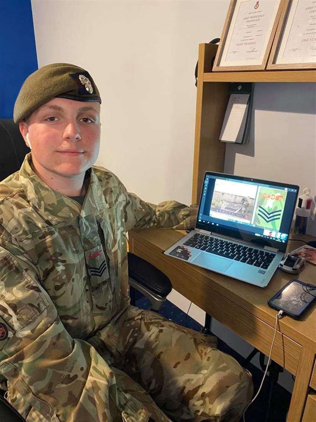 Cadet Sergeant Charlie Rice taking part in virtual training at home. (34428796)