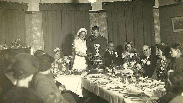 The wedding of Doug and Gert Richmond with Reggie Mallett seated next to the bridegroom. Photo: Roger Richmond?Alice Askew. (55432148)
