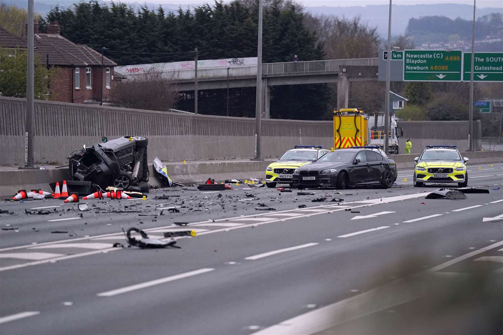 The scene on the A1, which has been shut in both directions on Tyneside following a major collision (Owen Humphreys/PA)