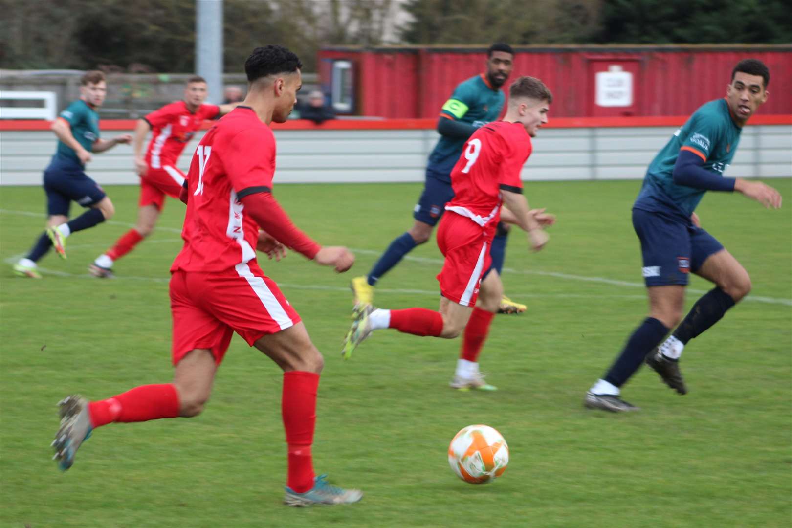 Action from today's game between Wisbech Town and Newark & Sherwood. Photo: ERIN LARHAM