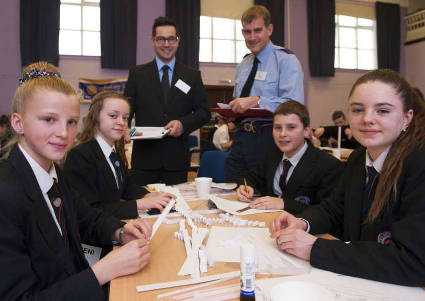 Downham Town Hall Rotary Club Technology Tournement.Pictured students. FLtoR Lilley Slatter. Lilli-Mae Flack. Judges Joe Whitmore and Andy Fall. Colin Mantle. Nina Peater. ANL-160903-171424009