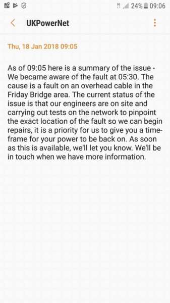 UK Power Networks put this message regarding Fridaybridge power supplies on their website. Fridaybridge school is closed as a result of the power cut.