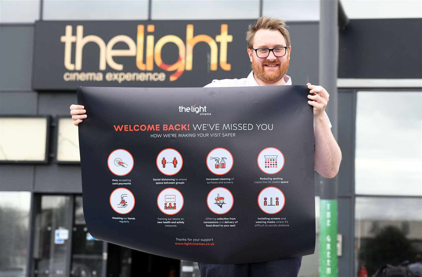 Phill Heslop bunsiness manager at The Light cinema with posters about how to keep safe at the cinema. (40022001)