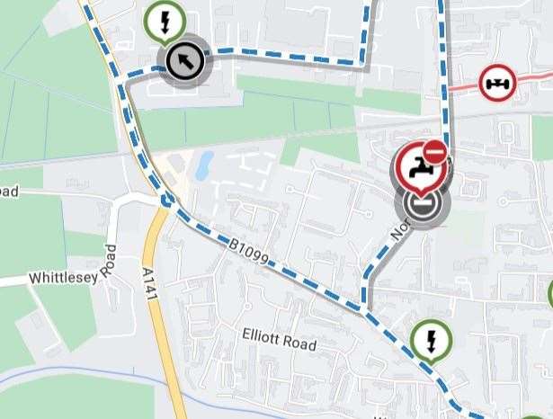 Part of Norwood Road in March will be closed from Monday while Anglian Water carry out work. The blue line shows the planned detour for vehicles. Picture: one.network