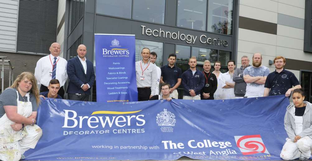 College of West Anglia Wisbech Campus, launching new partnership with decorators' materials company Brewers.'Brewers Sales Rep John Thorogood (2nd back left), Alan Seeley (Programme Manager Technology Wisbech Campus) (3rd Back centre), Dermott Brennan (Programme Manager Construction King's Lynn Campus) (1st Back left), along with course members. ANL-160206-143002009
