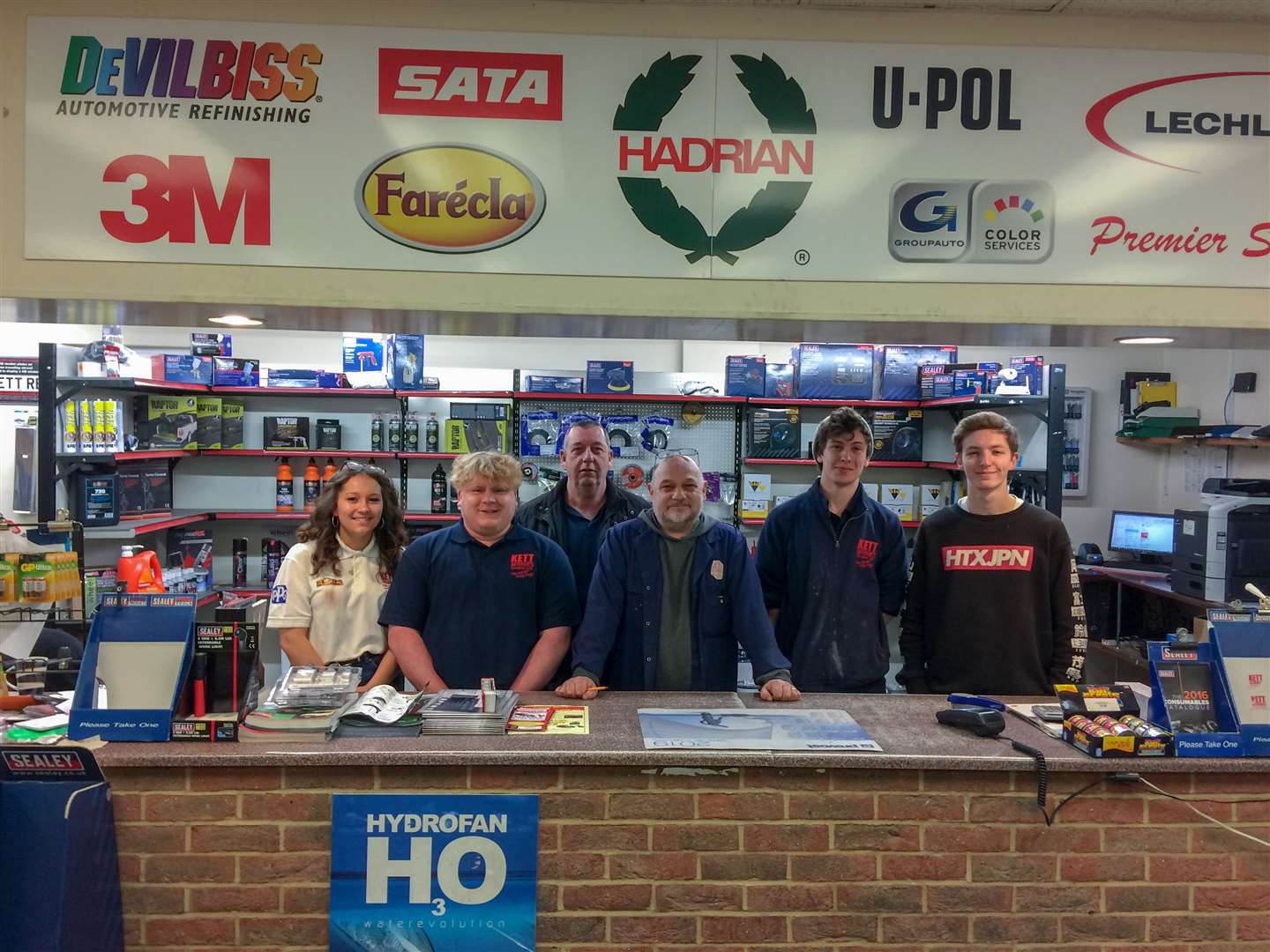 From left: Kaitlyn Thompson, James Ayre, Gary Beardon (CWA Bodyand Paint Course Director), Mick Etherington – Branch Manager, Kett Autopaints(Anglia) Ltd, Shane Hunt and Callum Randall,. (11850413)