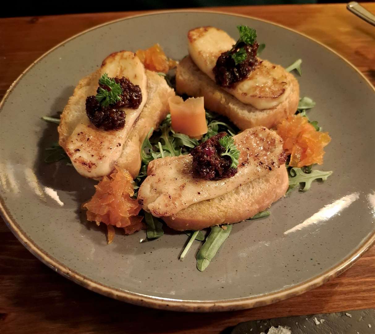 The chorizo, jam and cheese crostini starter