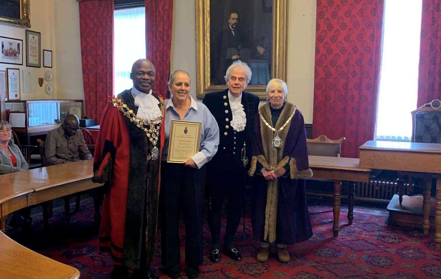 Emma Barnard pictured with mayor Cllr Sidney Imafidon, the High Sheriff, David Way, and deputy mayor Janet Tanfield