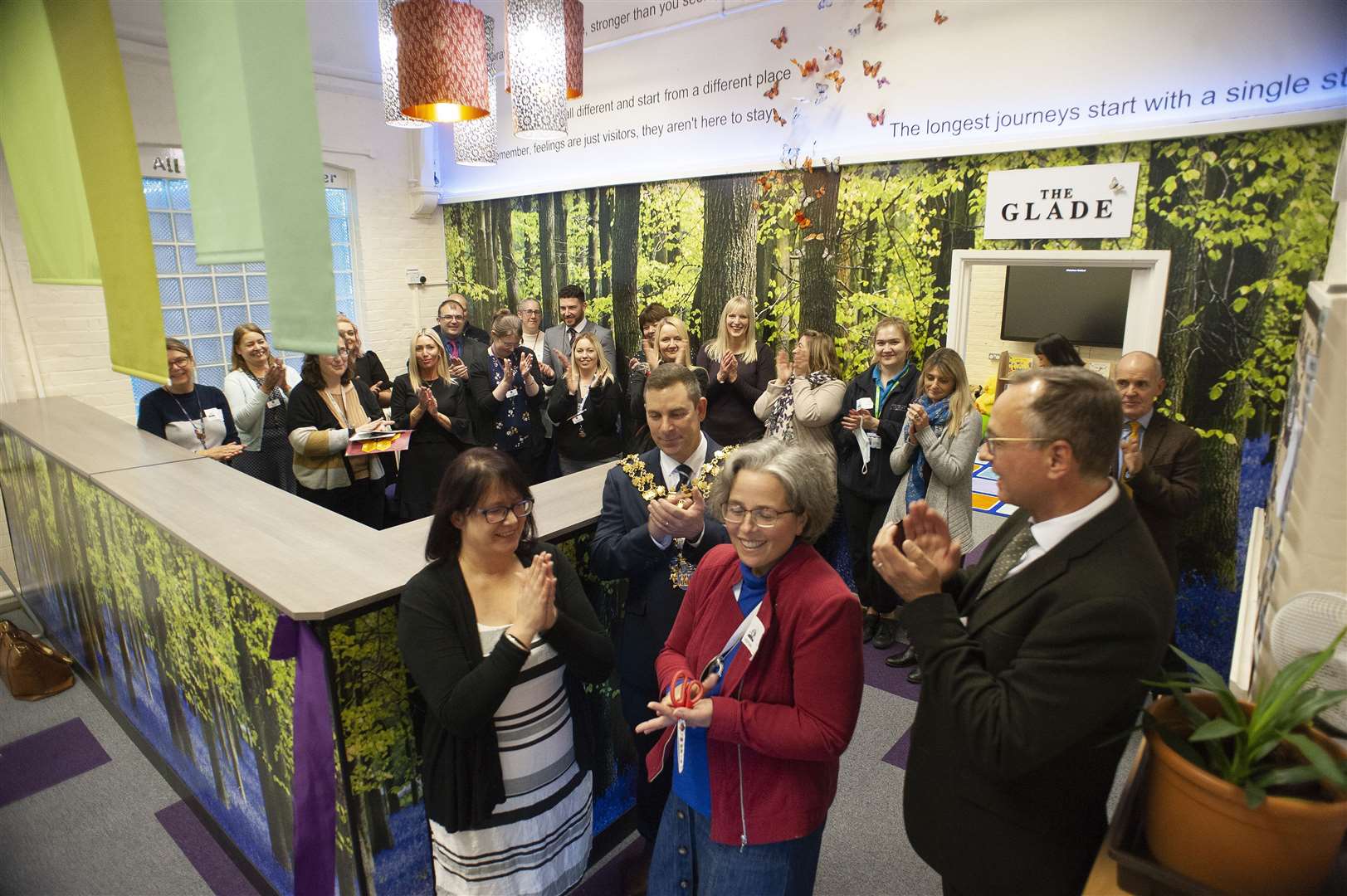 Opening of the New Nurture Classroom Room at Nene School Wisbech..Pictured Officially Opening the Classroom Front LtoR Kath O'Shea. Mayor Andrew Lynn. Victoria Norris. Jamie Ayton. with Staff and Trustee's.. (52873822)