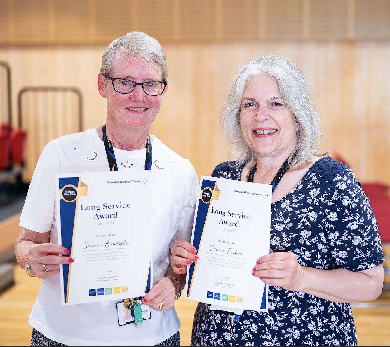 Caption: Sue Broddle, left, retires after 18 years with teaching assistant Sue Fisher who is celebrating 36 years at the academy. Credit Barking Dog Media/Ian Burt.