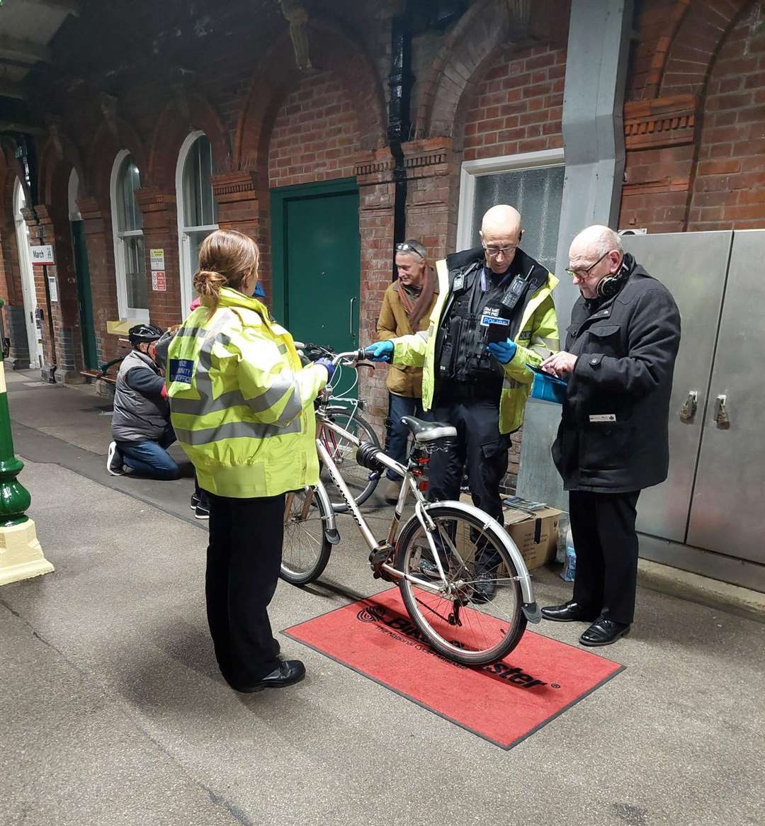 Police officers spent some time at March train station offering bike marking. Picture: Policing Fenland