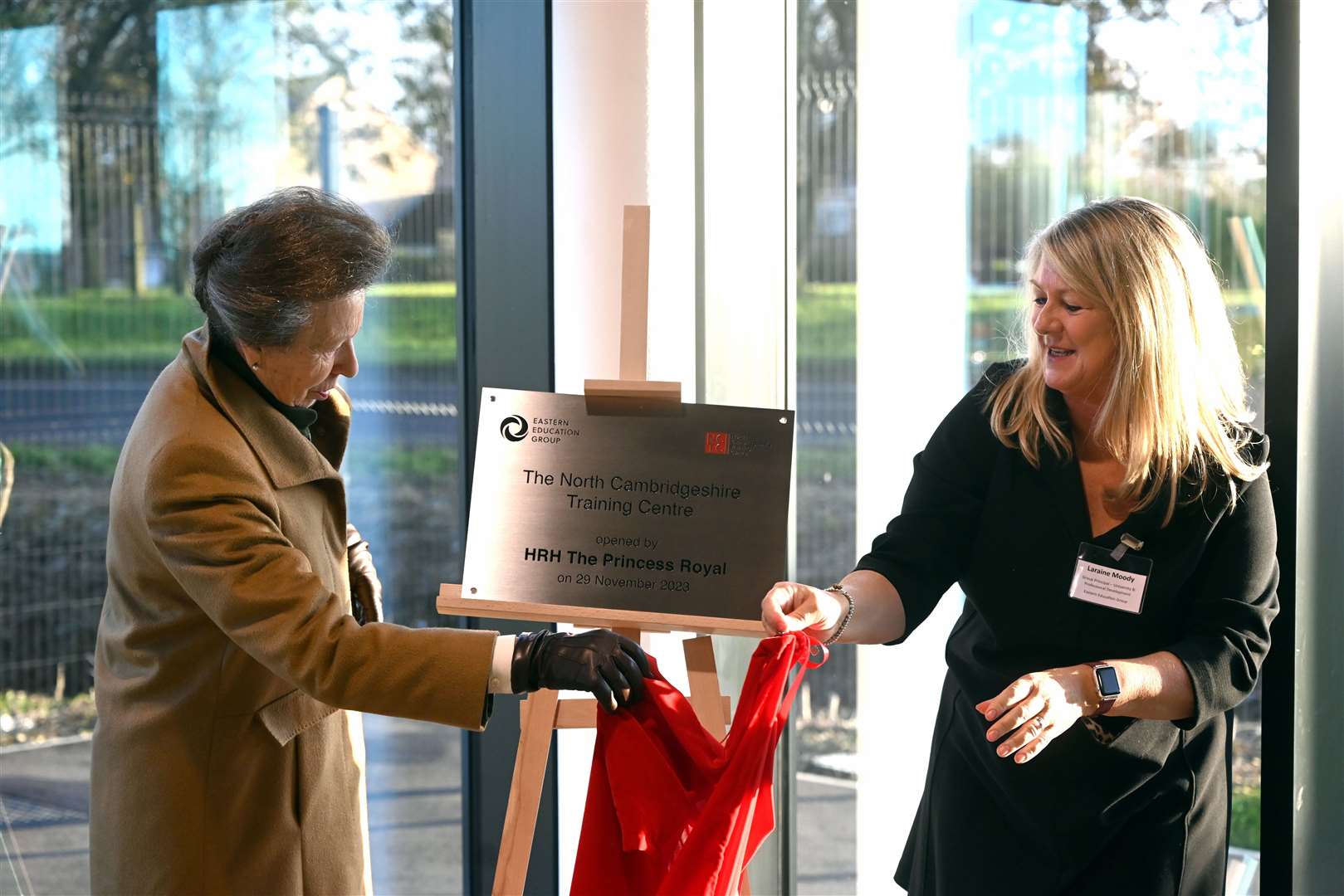 Princess Anne visiting the North Cambridgeshire Training Centre in Chatteriswith Laraine Moody Group Principal - University & Professional Development Eastern Education Group