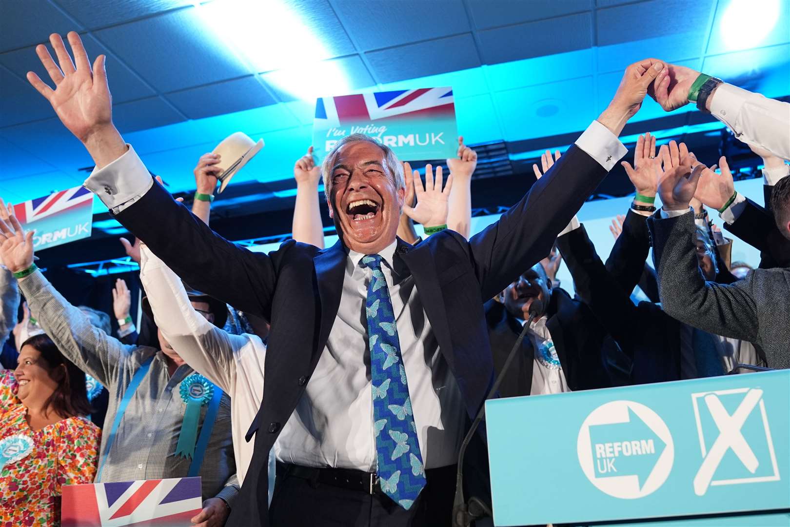 Reform UK leader Nigel Farage celebrates the party’s results in England’s local elections (Jacob King/PA)