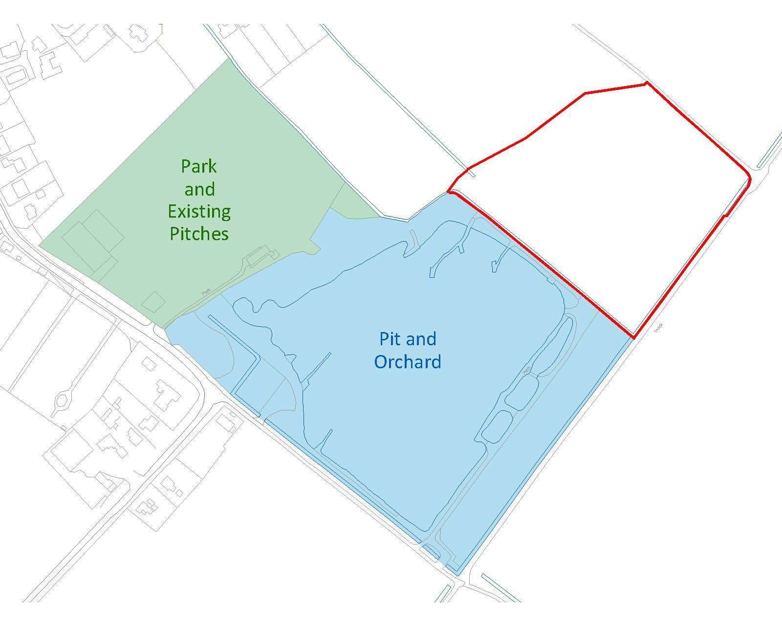The area in red is the 7.21 acres the parish council has purchased for more sporting facilities