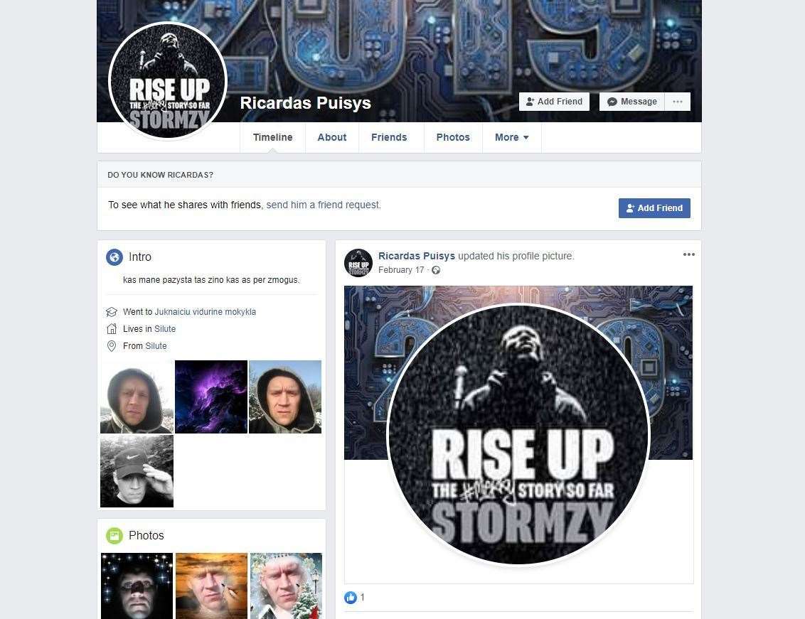 The Facebook page set up in Ricardas Puisys name in July last year. (45750802)