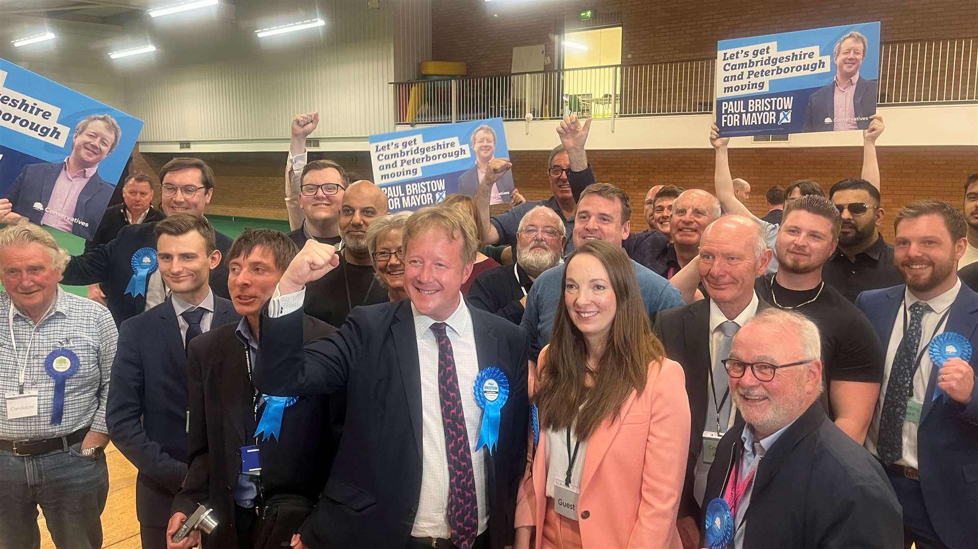 Paul Bristow celebrates with his wife and Conservative party colleagues after his mayoral election win. Picture: Joe Griffin/LDRS
