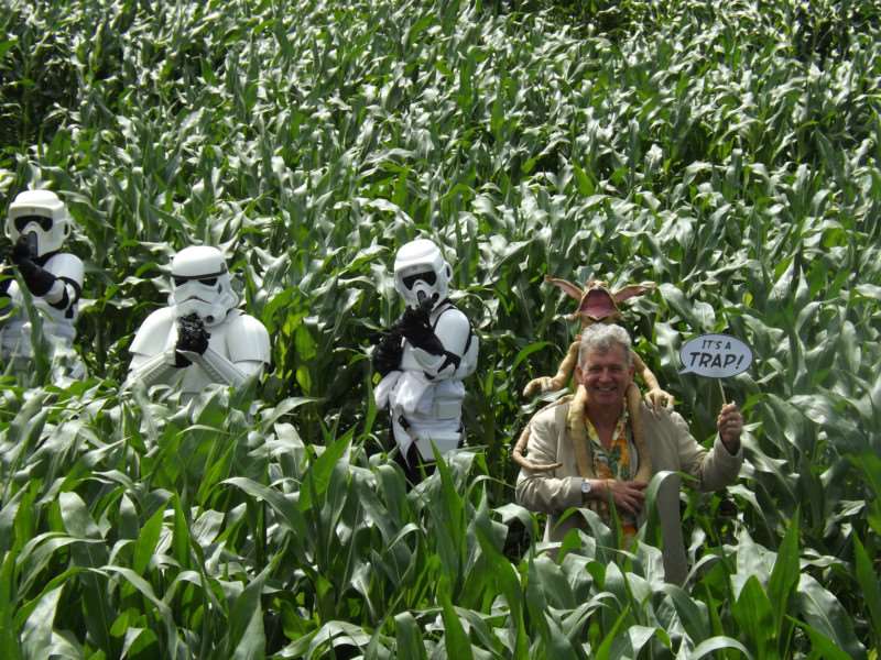 Tim Rose of Star Wars fame with Salacious Crumb - one of the characters he played in the films - in the maze at Skylark with the Storm Troopers