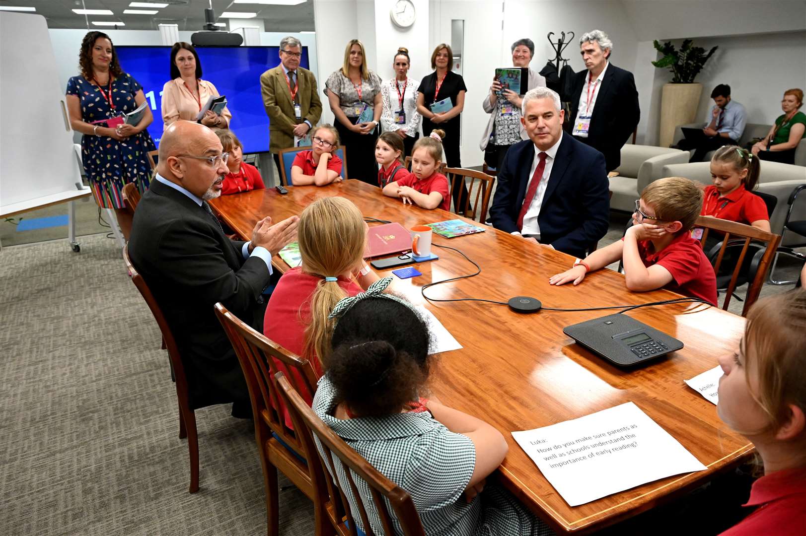 Orchards School visit to Department of Education to show the Secretary of State for Education Nadhim Zahawi a book that has been produced by the school. (57446751)