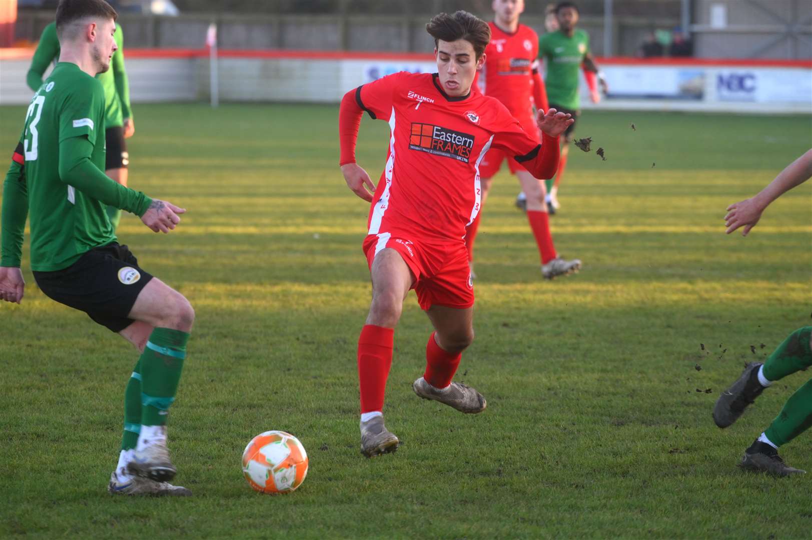 Recent signing Arun Jones gets a foot on the ball