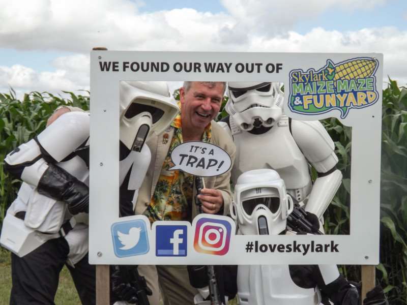 Tim Rose and Storm Troopers celebrate their trip into the maize maze at Skylark.