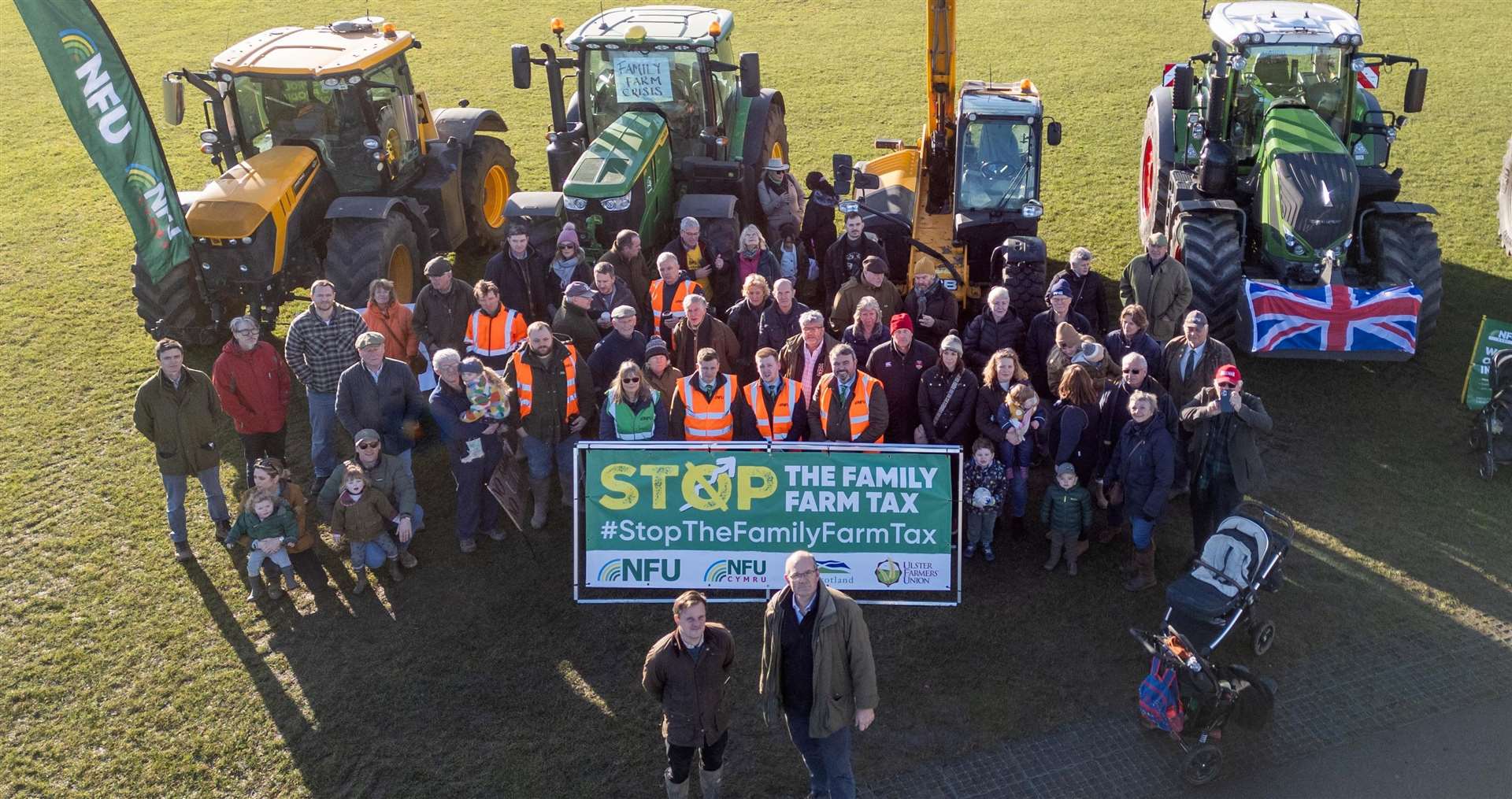 Pictured: NFU President Tom Bradshaw (R) and member Sam Goddard who organised the event. NFU Stop The Family Farm Tax event with NFU President Tom Bradshaw and members at Parker's Piece in Cambridge, United Kingdom. Credit: Terry Harris / NFU 25/01/2025