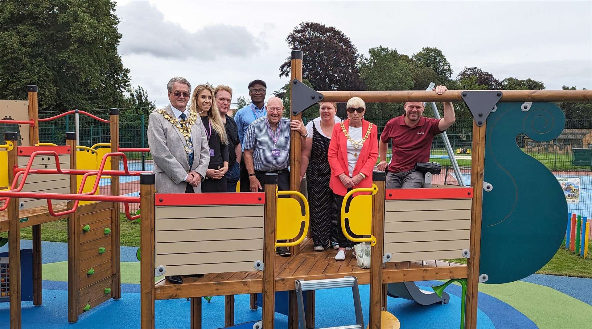 From left Mayor of Wisbech Cllr Peter Human, Cllr Lucie Foice-Beard, Cllr Steve Tierney, Cllr Sidney Imafidon, Portfolio Holder for Open Spaces Cllr Peter Murphy, Cllr Sam Hoy, Mayoress of Wisbech Mrs Janey Tanfield and Simon Carson, Area Manager for Hags, the supplying play company.