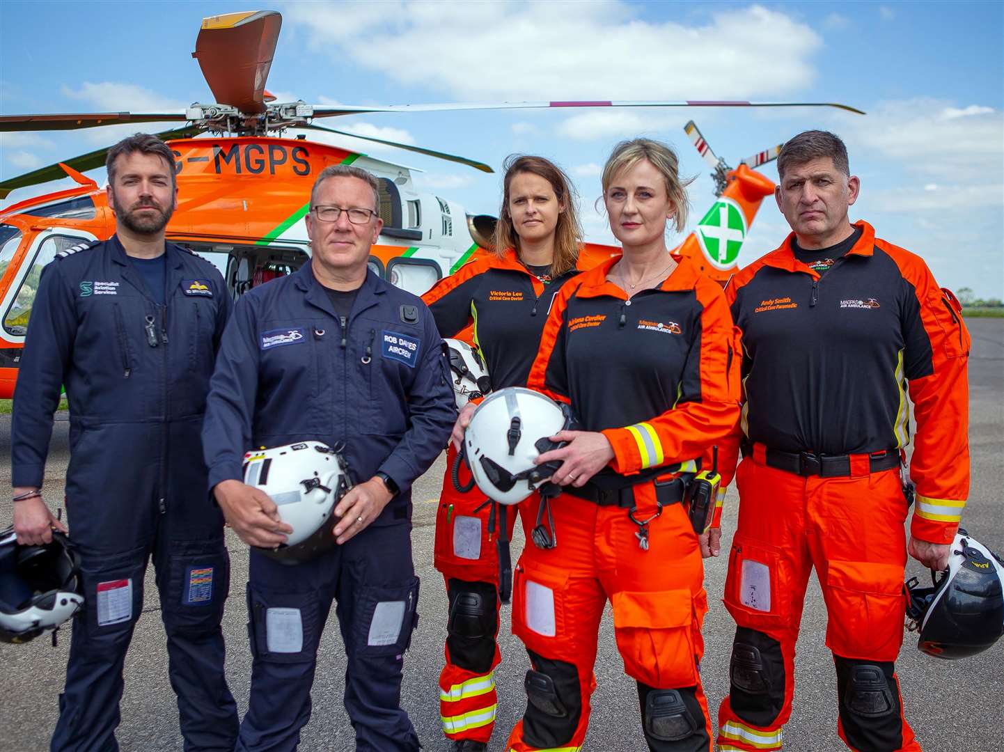 From left: Ed Braycotton - Pilot Rob, Davies – Air Crew, Dr Victoria Lee – Critical Care Doctor, Dr Adriana Cordier – Critial Care Doctor, Andy Smith – Critical Care Paramedic with Magpas. Picture: Magpas Air Ambulance.