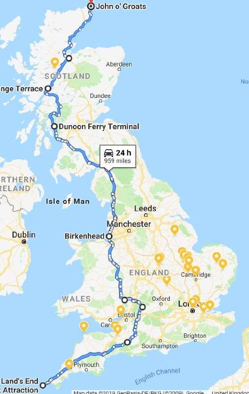 The route covers nearly 1,000 miles between Land's End in Cornwall and John O'Groats in Scotland. (12334868)