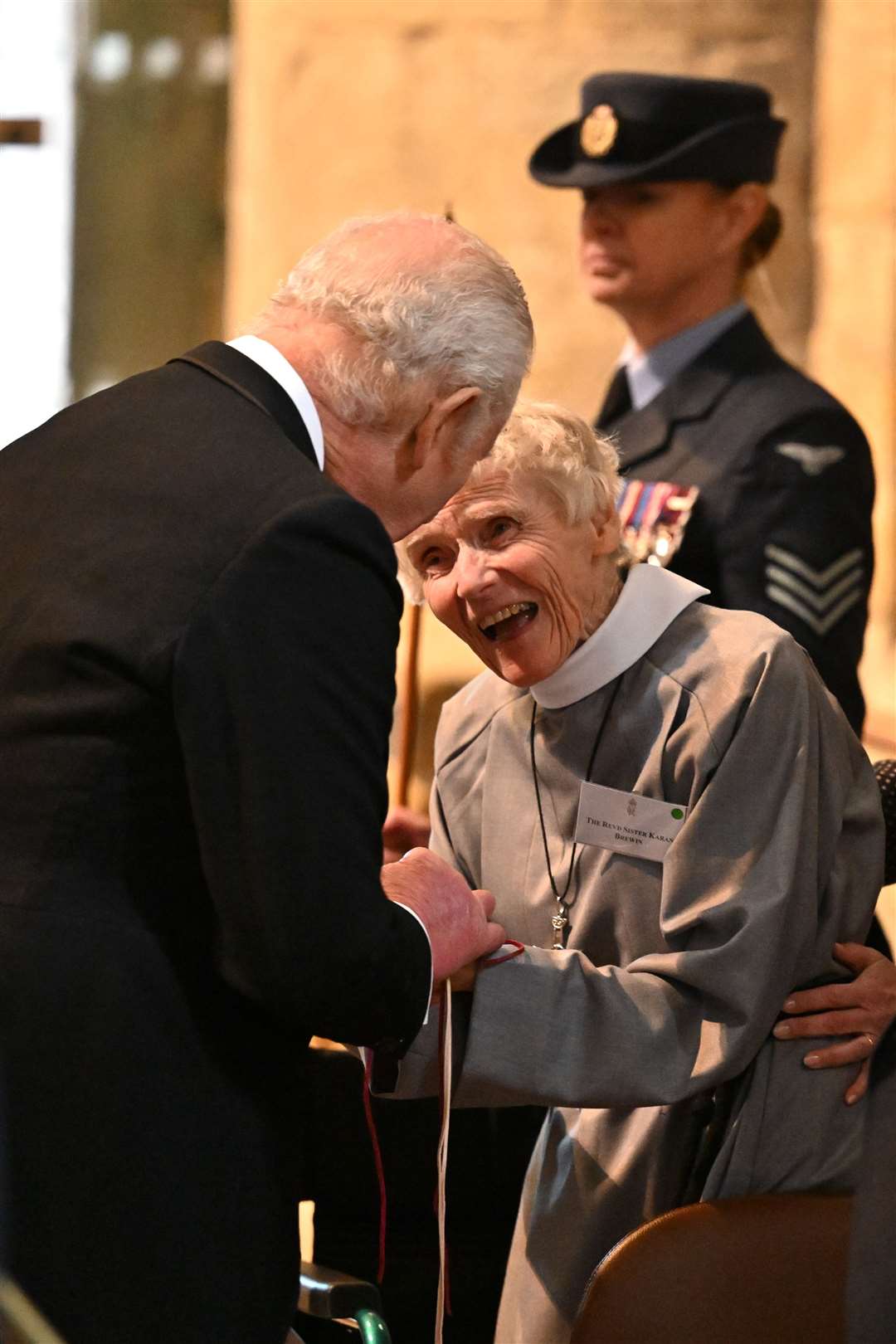 Charles speaks to Revd Sister Karan Brewin, a member of the congregation during the Maundy service at Durham Cathedral (Anthony Devlin/PA)