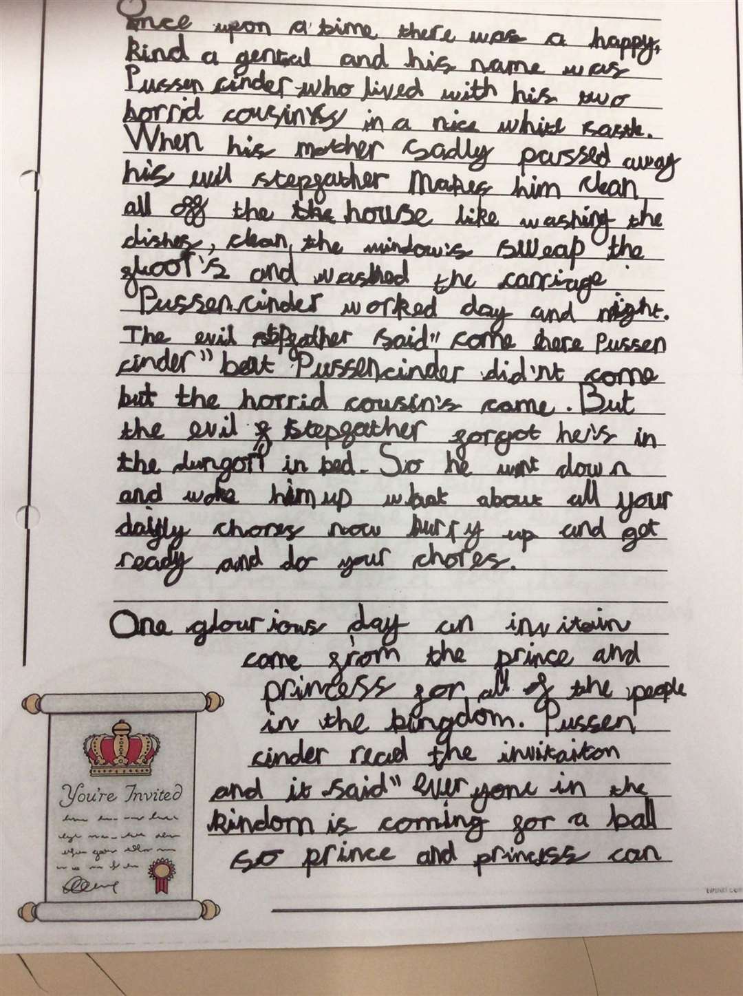 Work by Year Three winner Oliver based on the story of Cinderella.