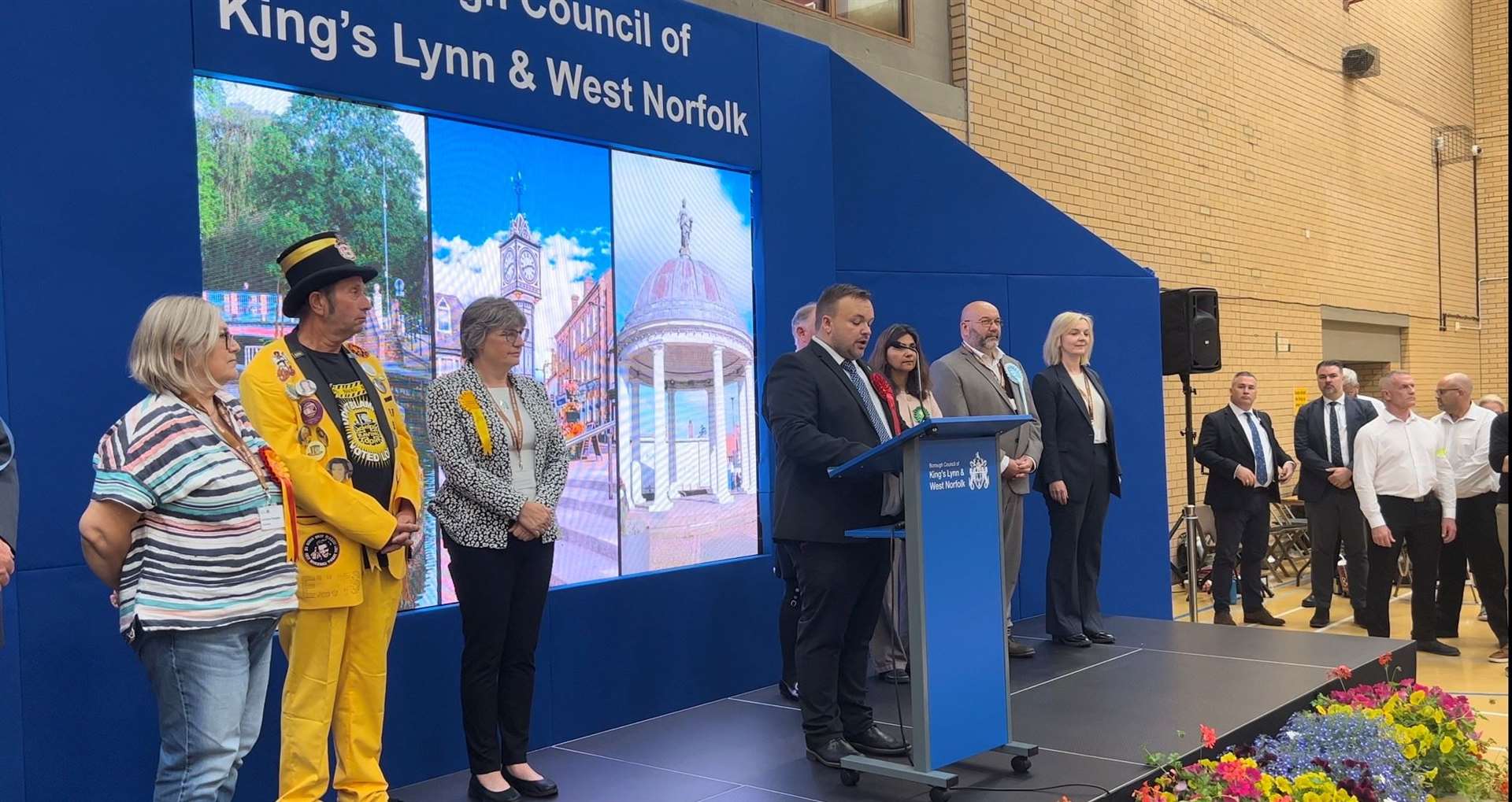 Terry Jermy delivers his victory speech after Liz Truss was defeated in the South West Norfolk vote
