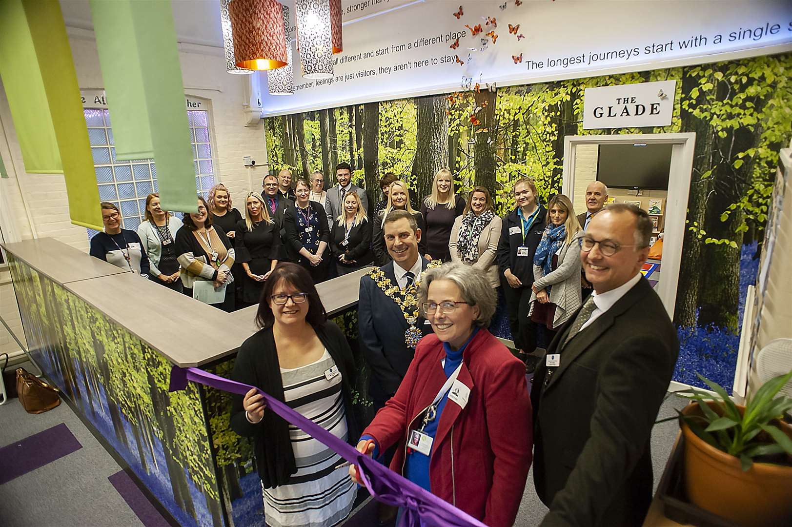 Opening of the New Nurture Classroom Room at Nene School Wisbech..Pictured Officially Opening the Classroom Front LtoR Kath O'Shea. Mayor Andrew Lynn. Victoria Norris. Jamie Ayton. with Staff and Trustee's.. (52873819)