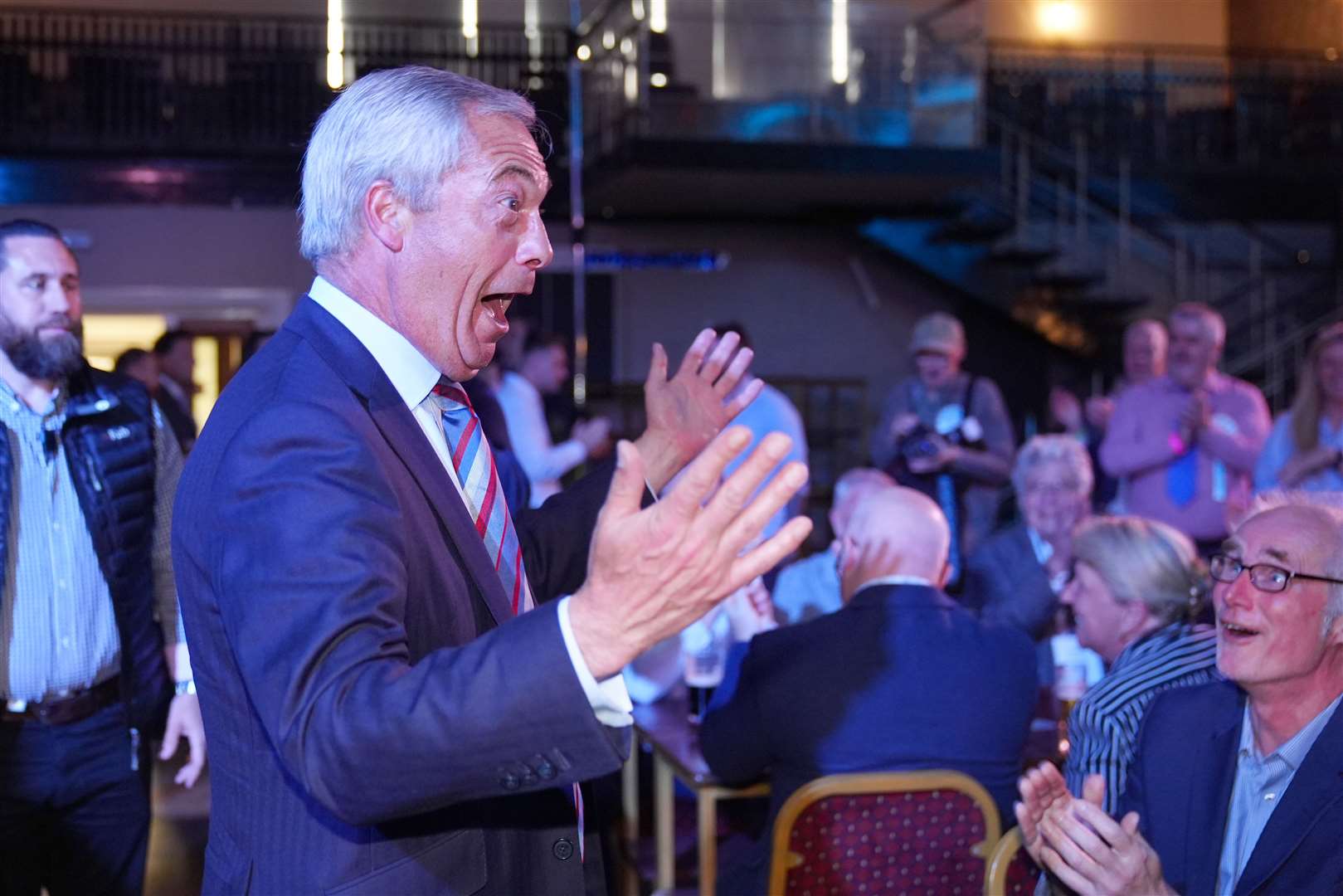 Reform UK leader Nigel Farage visited The Big Club in Newton Aycliffe, County Durham, after Reform made gains against both Labour and the Conservatives across England in local polls (PA)