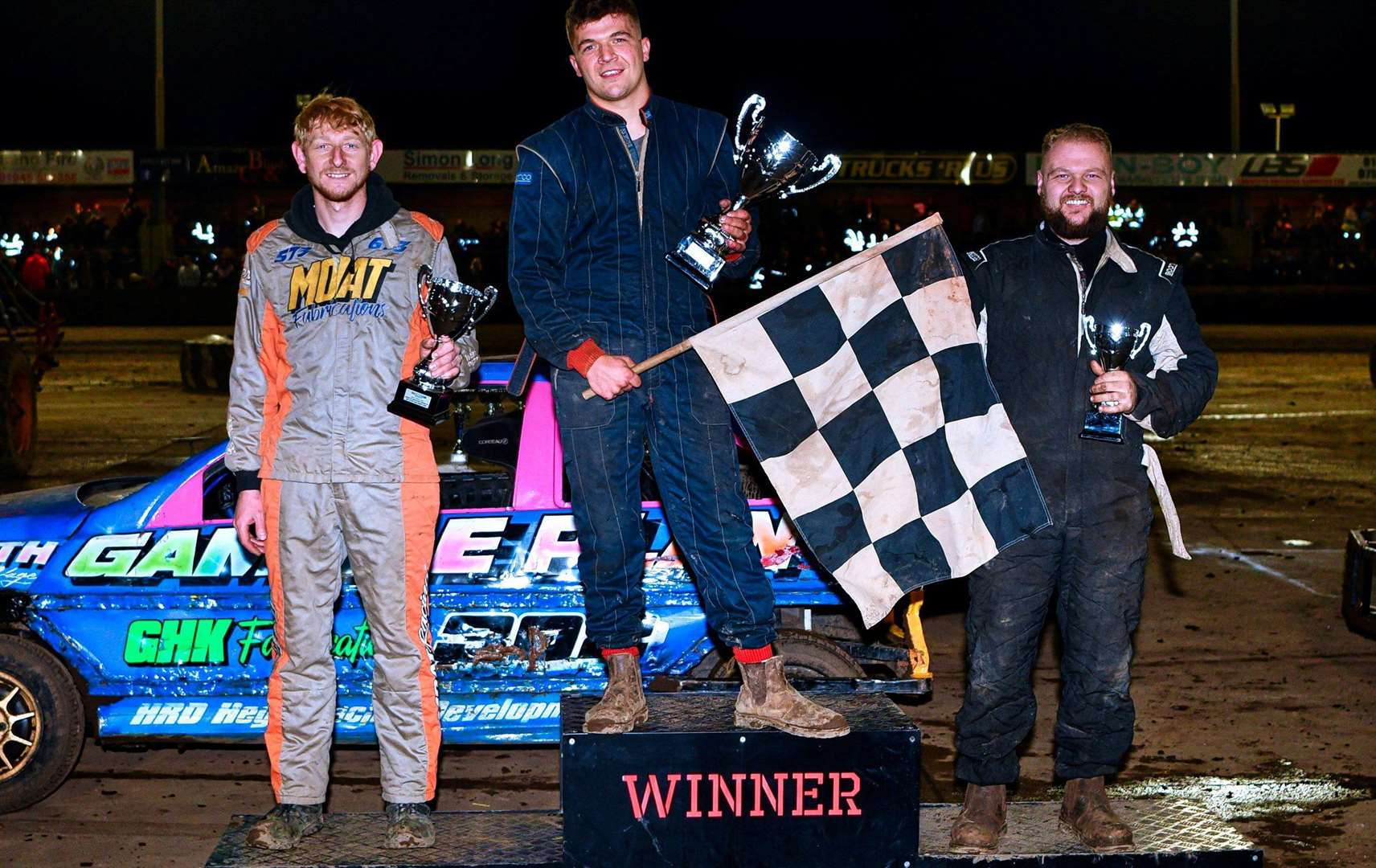 Dean Moat (left) following his second-place finish in the World of Shale final, with winner Jack Smith (centre) and third place Conner Sheldrake (right)
